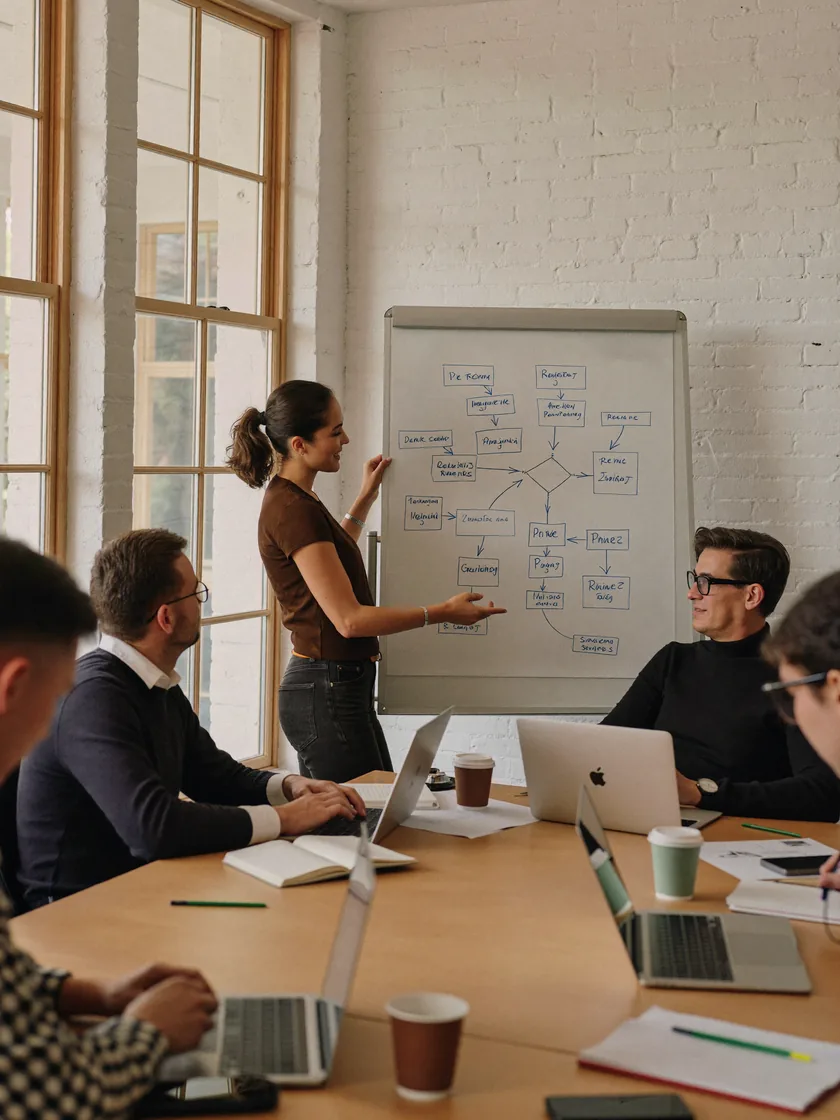 A team in a bright office walks through a process diagram on a flipchart